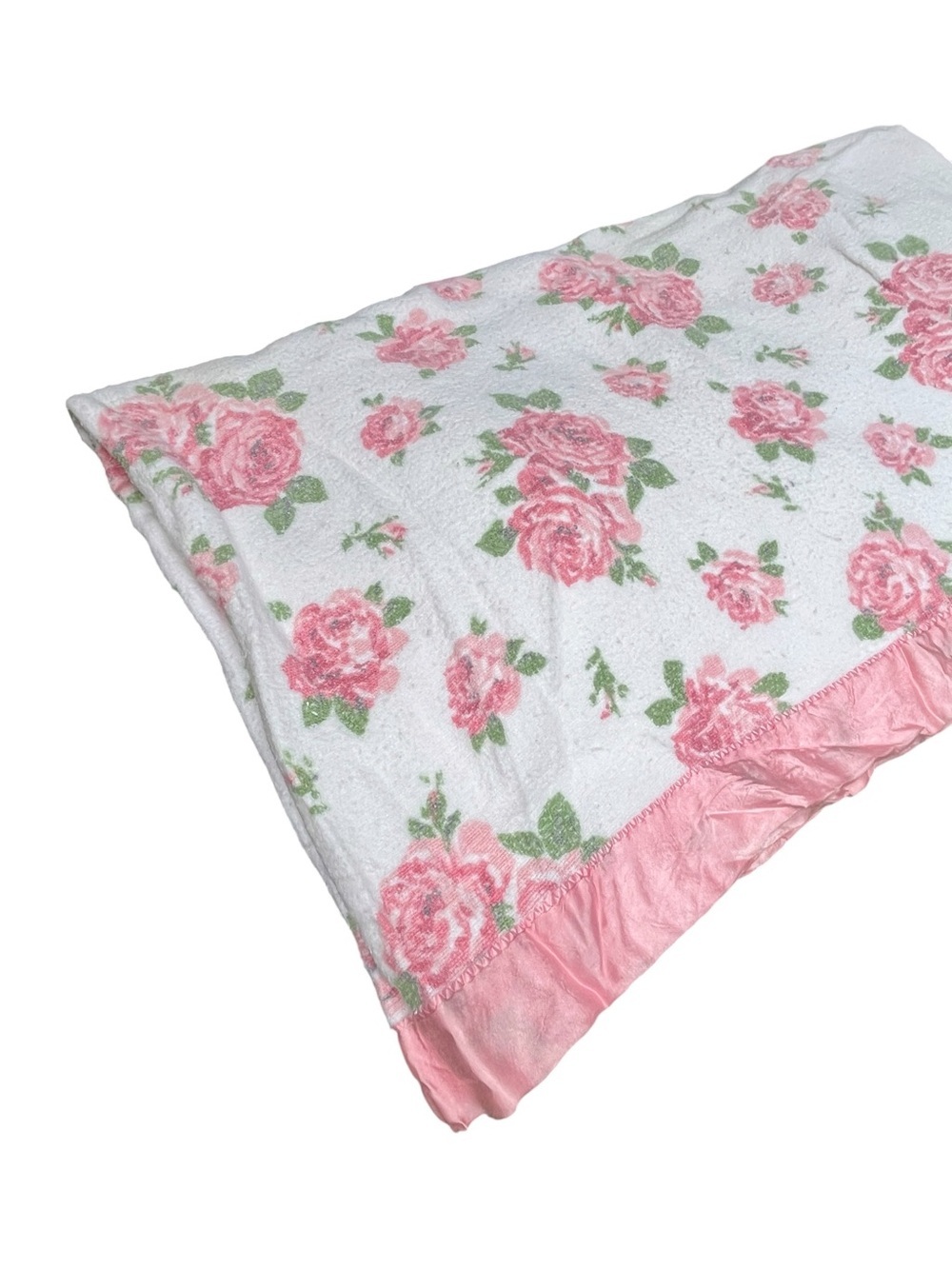 Vintage Shabby Chic Floral Pink Rose Throw Blanket Satin Trim